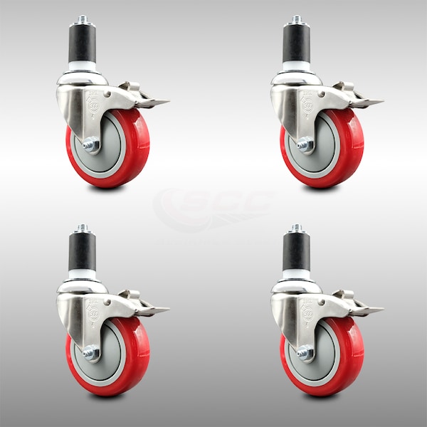 Service Caster 4 Inch 316SS Red Poly Swivel 1-5/8 Inch Expanding Stem Caster Set Lock Brake SCC-SS316TTLEX20S414-PPUB-RED-158-4 - main